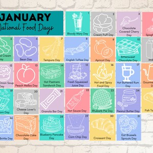 PRINTABLE JANUARY National FOOD Holidays Calendar Fun Family