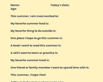 First Day of Summer Questionnaire Printable, Summer Break Kids Activity, Summer Keepsake Worksheet, End of School Year Printable