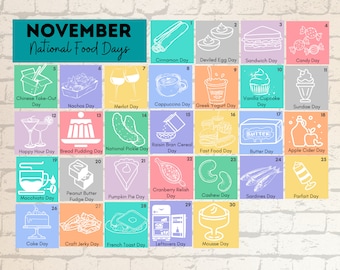 PRINTABLE NOVEMBER National FOOD Holidays Calendar Fun Family