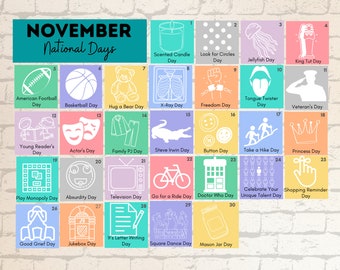 PRINTABLE NOVEMBER National Holidays Calendar Fun Family