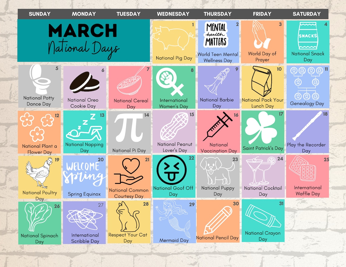 PRINTABLE MARCH 2023 National Days Calendar Fun Family (Download Now