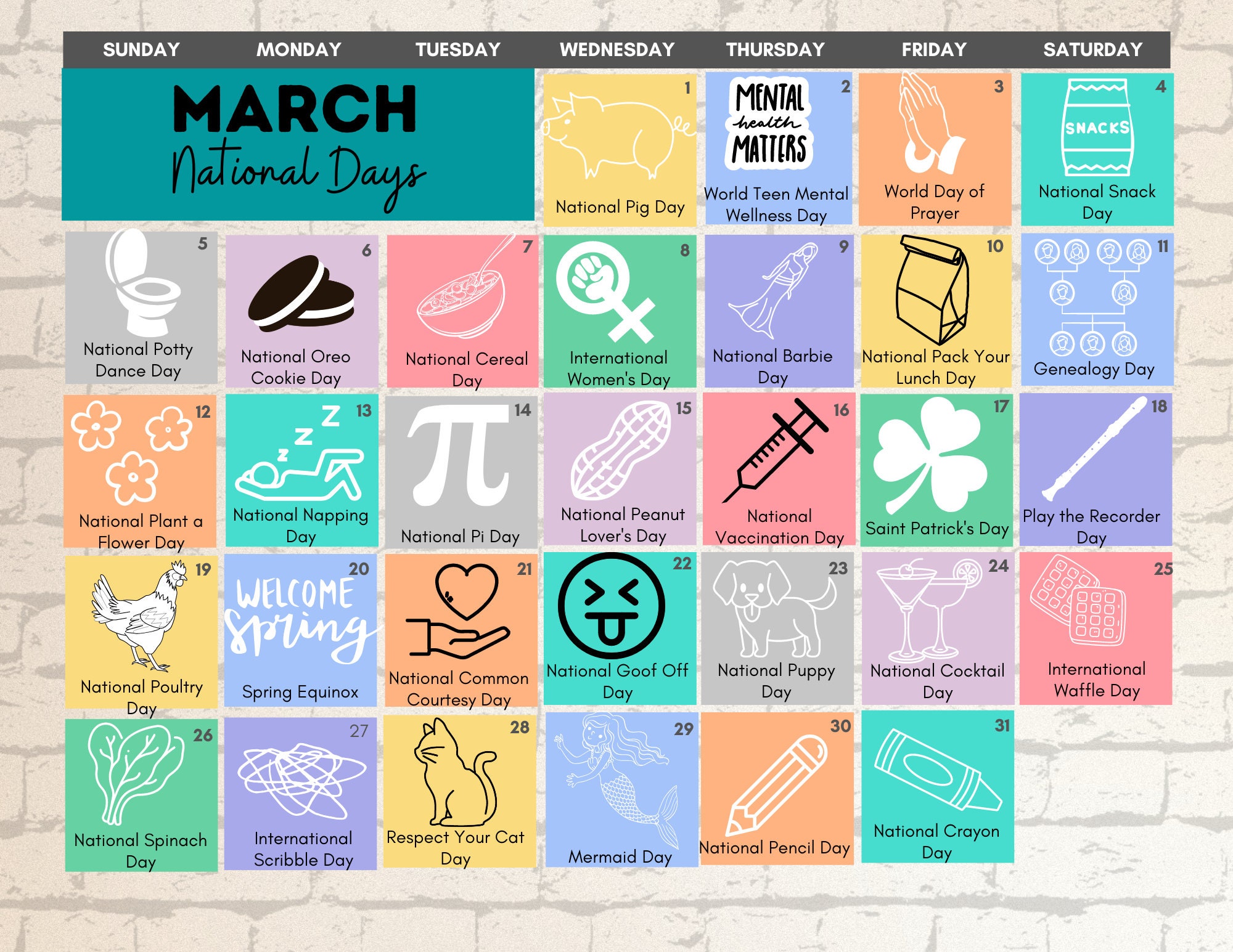 PRINTABLE MARCH 2023 National Days Calendar Fun Family Etsy.de