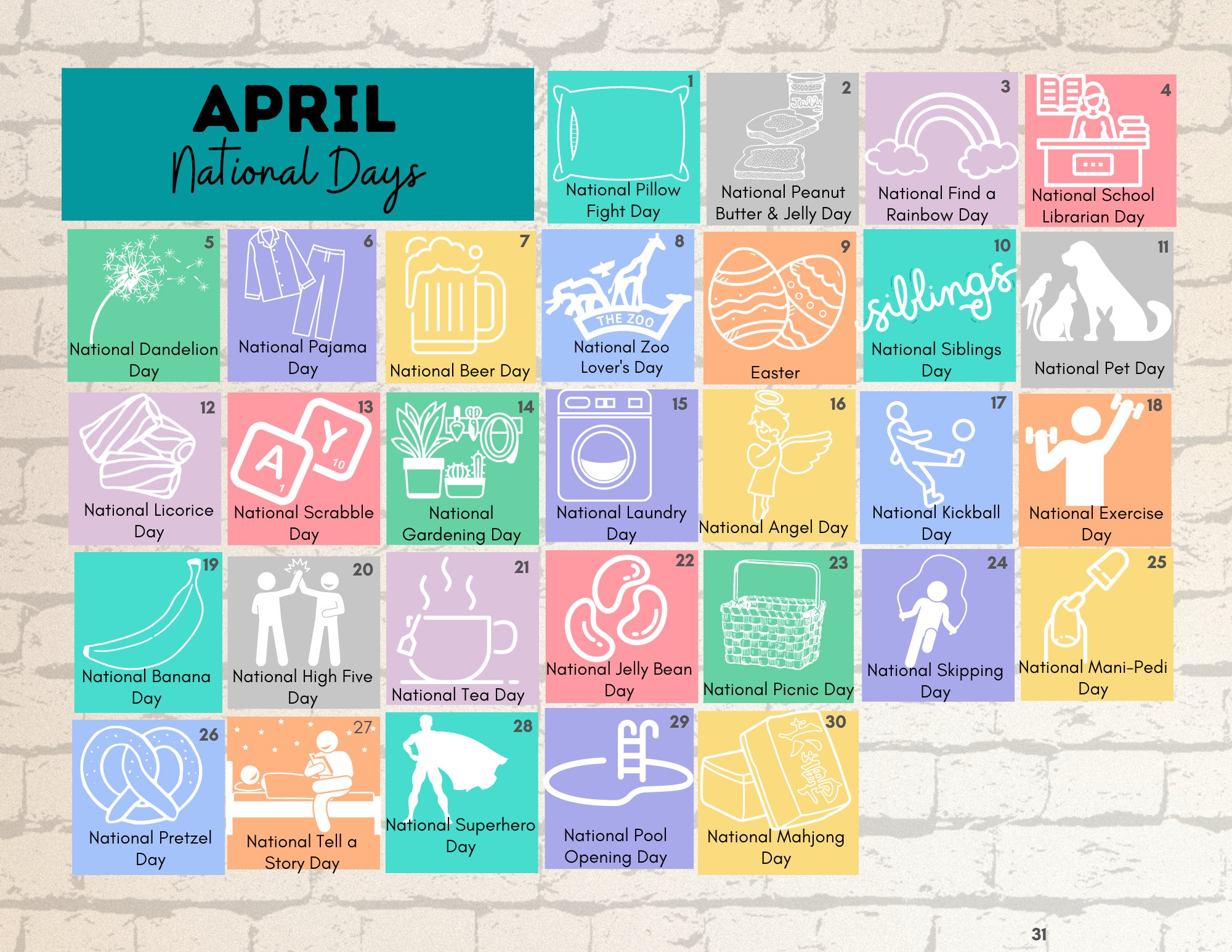 PRINTABLE APRIL 2023 National Days Calendar Fun Family Etsy