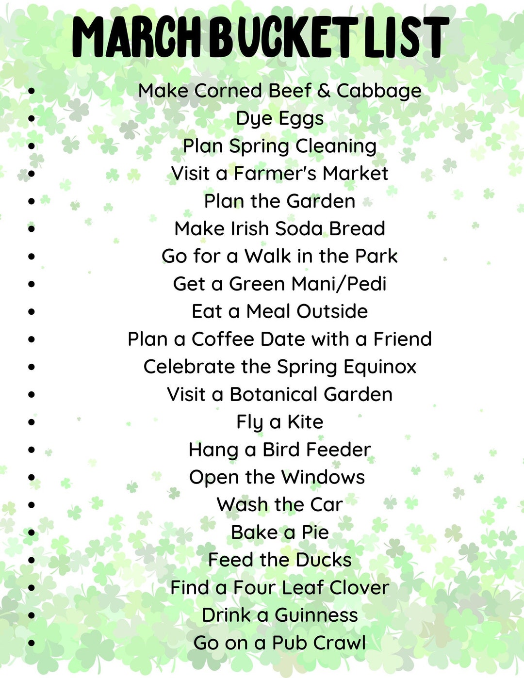 PRINTABLE MARCH Bucket List Checklist Shamrock Spring Etsy