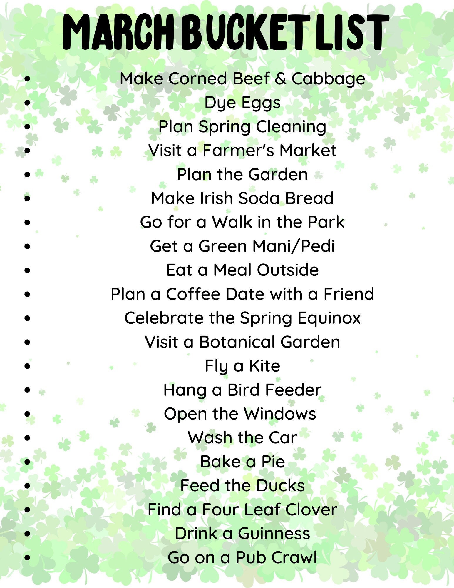 PRINTABLE MARCH Bucket List Checklist Shamrock Spring Etsy PRINTABLE MARCH Bucket List Checklist Shamrock Spring Etsy