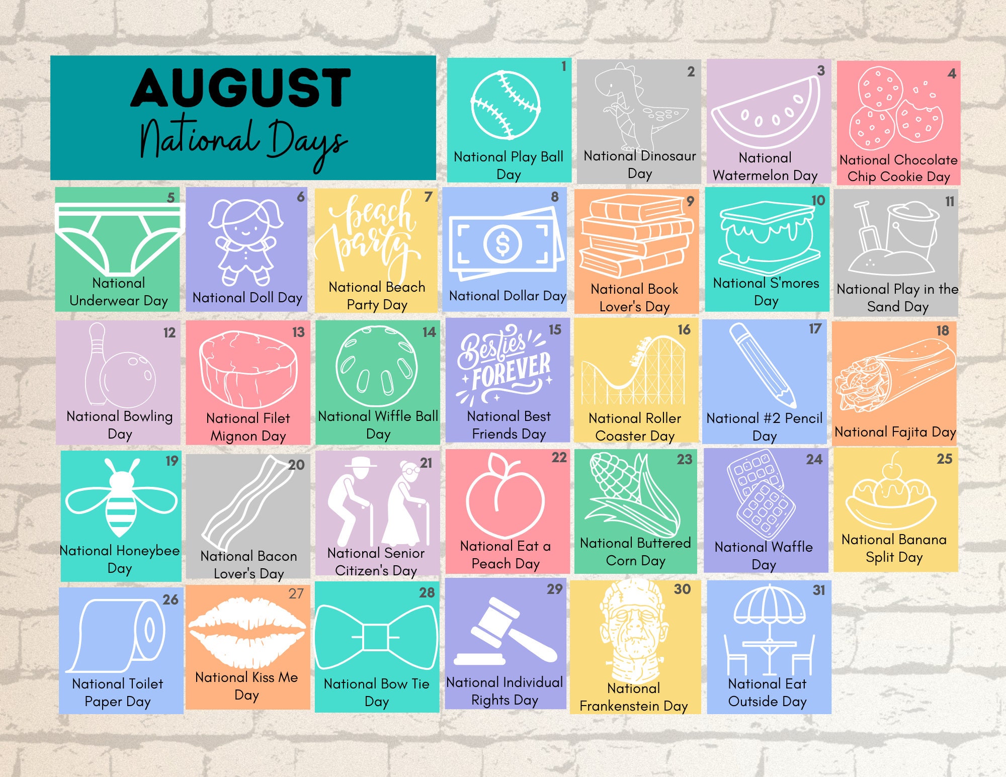 PRINTABLE AUGUST 2023 National Days Calendar Fun Family Etsy