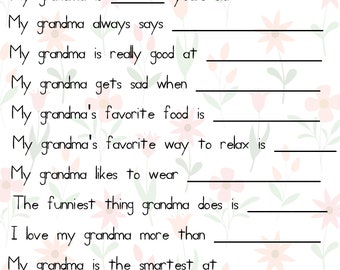 PRINTABLE GRANDMA QUESTIONS Mother's Day Child Blank Create Gift