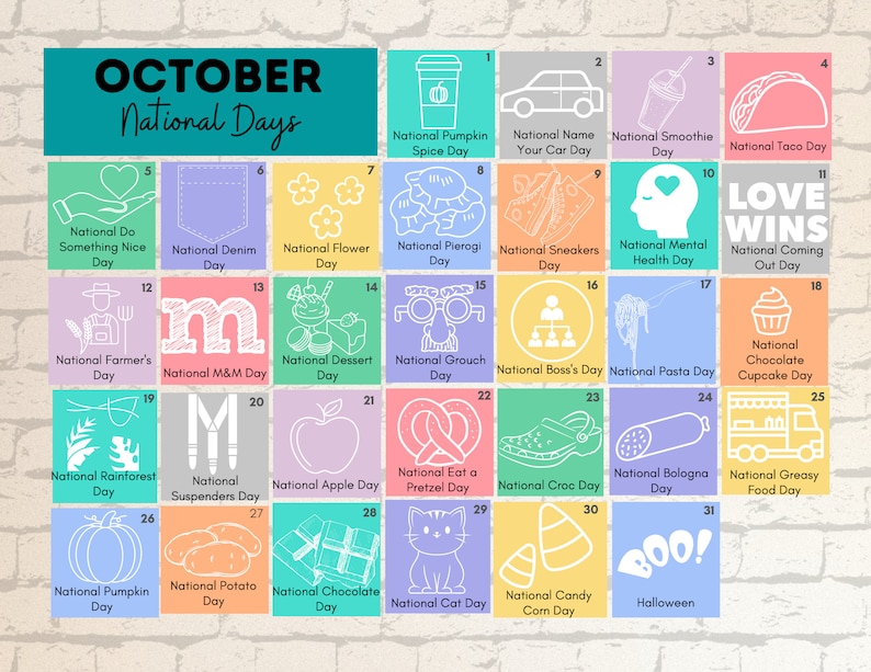 PRINTABLE OCTOBER 2023 National Days Calendar Fun Family Etsy