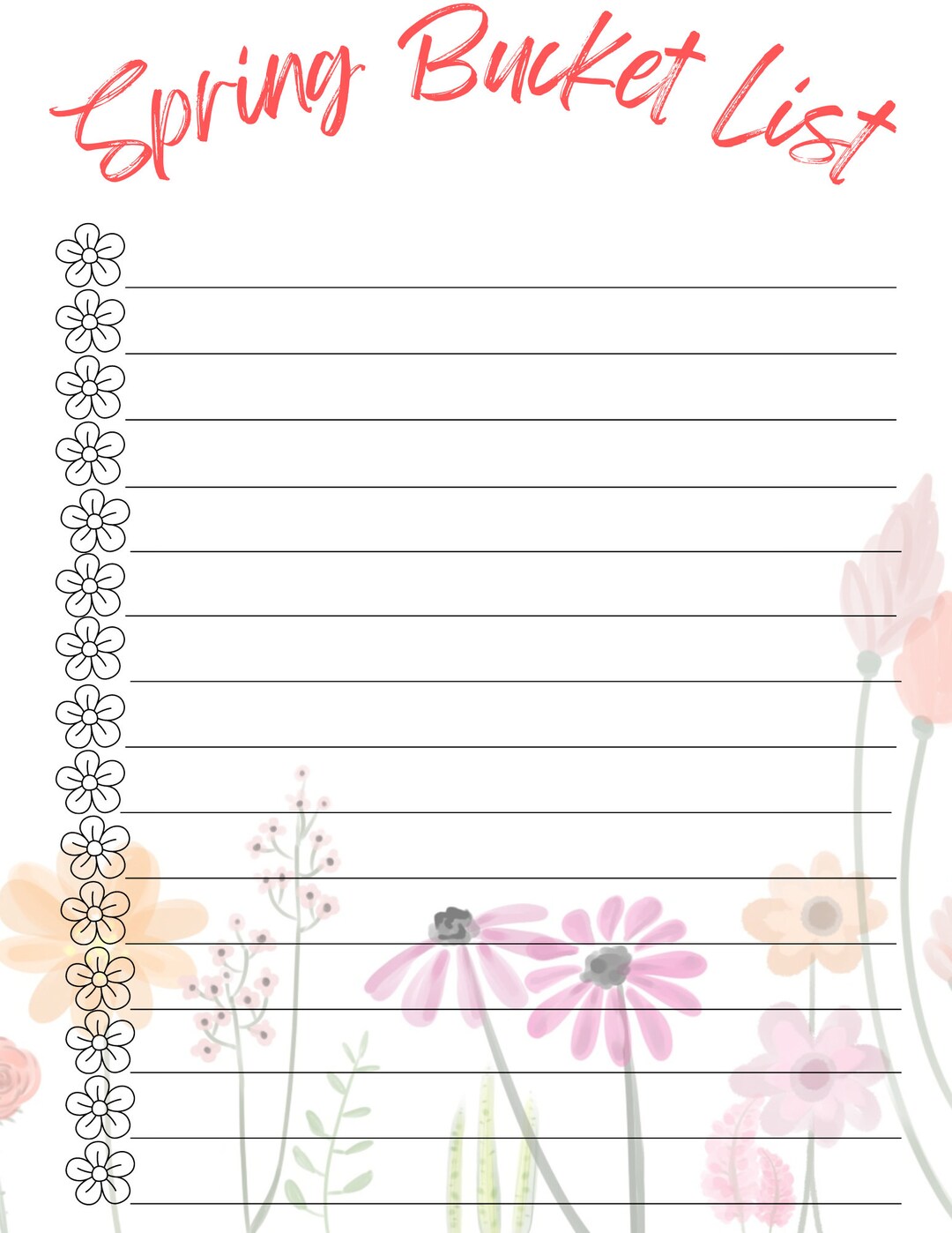 PRINTABLE Spring Bucket List Checklist Blank Create Flowers - Etsy