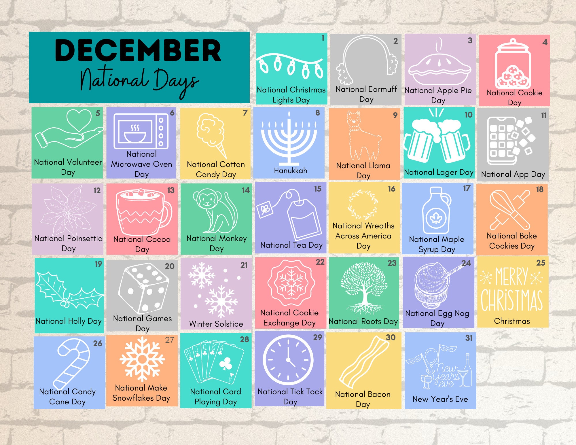 PRINTABLE DECEMBER 2023 National Days Calendar Fun Family Etsy