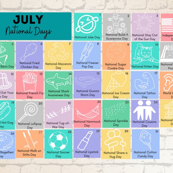 Printable National Days Calendar July 2023 - Etsy