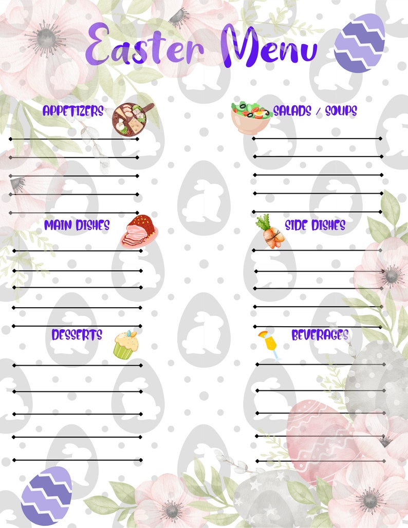 PRINTABLE EASTER MENU Planner List Checklist Bunny Egg Spring Holiday ...