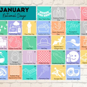 PRINTABLE JANUARY National Holidays Calendar Fun Family