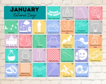 PRINTABLE JANUARY National Holidays Calendar Fun Family