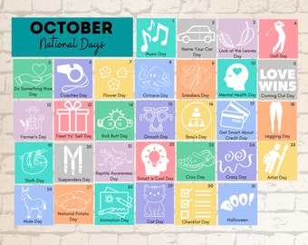 PRINTABLE OCTOBER National Holidays Calendar Fun Family