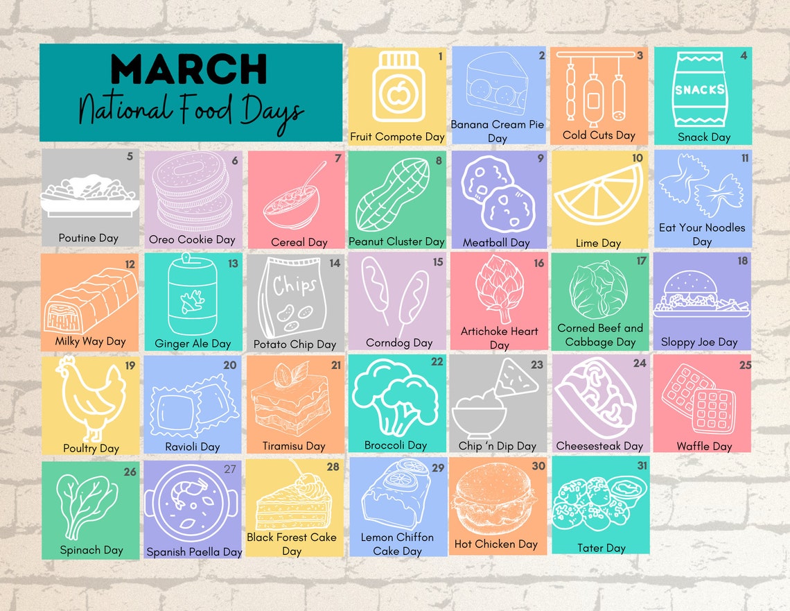 PRINTABLE MARCH National FOOD Holidays Calendar Fun Family Etsy