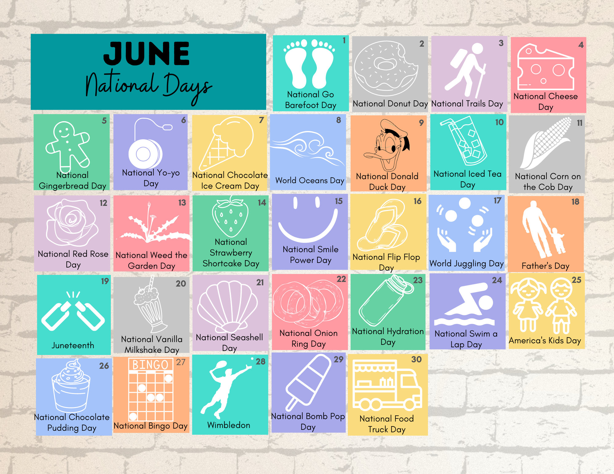 PRINTABLE JUNE 2023 National Days Calendar Fun Family Etsy UK