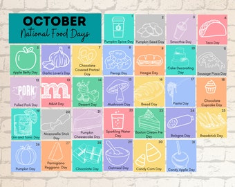 PRINTABLE OCTOBER National FOOD Holidays Calendar Fun Family