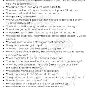Puede incluir: Una lista de preguntas para hacerle a tu hermano o hermana, titulada "Sibling Showdown". Las preguntas son sobre situaciones hipotéticas y experiencias personales, como quién sobreviviría a un apocalipsis zombie, quién tiene el mejor amigo imaginario y quién es más propenso a llamar al FBI por un mensaje vago.