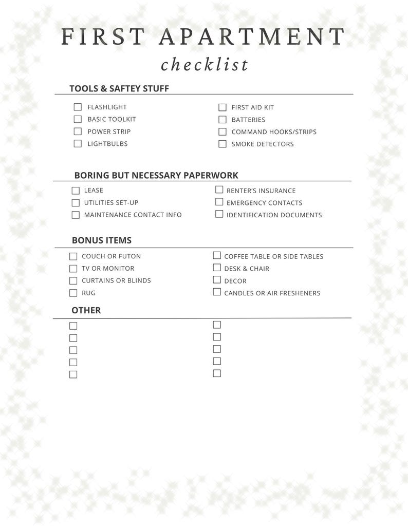 First Apartment Checklist – Printable Moving Essentials List for New ...