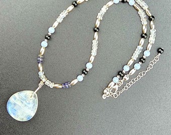 Celestial Drift – 14.5" Tourmalinated Rainbow Moonstone, Angelite & Iolite Pendant Choker| Sterling Silver | 2" Extender