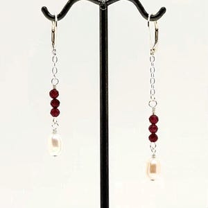 Crimson Drift – Garnet & Pearl Asymmetrical Earrings | Sterling Silver Dangles for Passion and Poise | Complementary Length Adjustment