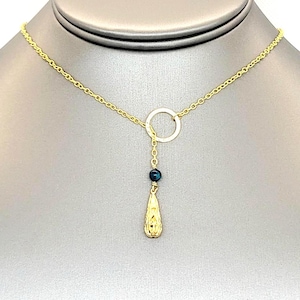 Golden Vein – Neon Apatite and Filigree Drop Lariat Necklace | 18" Gold-Filled Chain | Vintage Charm, Clarity and Radiance