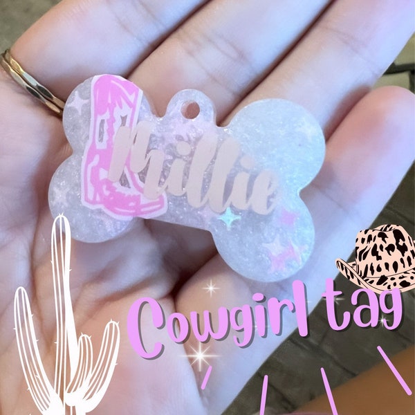 Cowgirl dog tag, resin dog tag, custom dog tag, custom charm bone, pet ID tag, pet ID, glitter dog tag, designer dog tag, cowboy boot