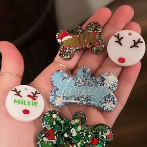 Christmas dog tag, resin dog tag, custom dog tag, custom charm bone, pet ID tag, pet ID, glitter dog tag, designer dog tag, customized tag