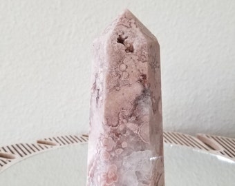 Gorgeous Pink Flower Agate With Pink Amethyst Druzy Crystal Tower