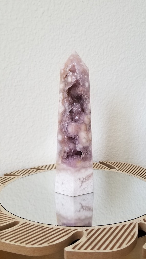 Pink and Purple Pink Amethyst With Flower Druzy Crystal Tower Carving