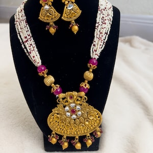Gold Plated Temple Jewelry, South Indian Jewelry, Wedding Jewelry, Haram Necklace, Long Pearl Necklace, Traditional Necklace,Indian Necklace