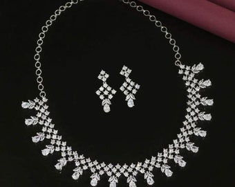 American Diamond Necklace and Dangle Earrings Set, Silver Plated Bridal Jewelry