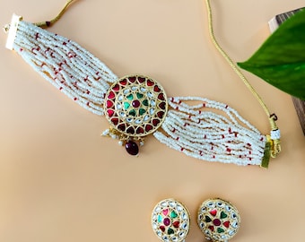 Zestaw naszyjników Kundan Choker, wielokolorowa biżuteria Meenakari, indyjski naszyjnik ślubny