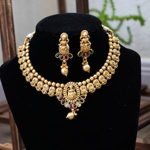 Gold Plated Lakshmi Necklace, South Indian Temple Jewelry, Traditional Indian Necklace Set, Tanshiq Necklace Set, Wedding Jewelry