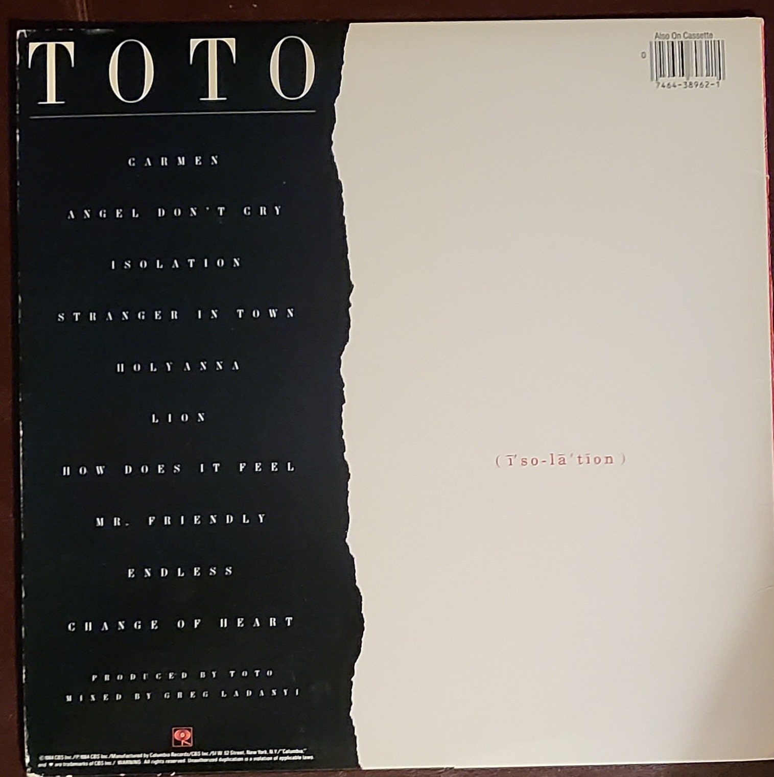 Toto - Isolation - 1984 Vintage Classic Pop/ Rock Vinyl LP Album