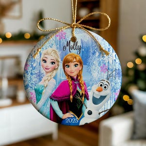 Elsa and Anna Frozen Ornament, Personalized Disney Princess Keepsake with Olaf, Ceramic, Custom Name
