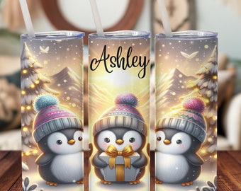 Personalized Winter Penguin Tumbler, Christmas Coffee Cup