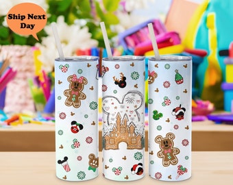 Copo Disney Castle, Copo Térmico Personalizado de 590ml com Canudo, Design de Biscoito de Gengibre Natalino, Ideal para Bebidas em Família nas Festas de Fim de Ano