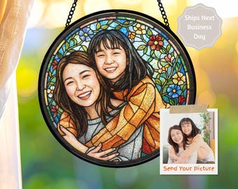 Sun Catcher Mom Daughter Gift, Custom Floral Stained Glass Portrait, Photo Window Art, Personalized