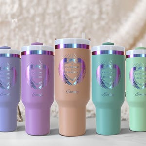 Personalized Guarded by Heaven 40oz Tumbler | Angel Wings Shield Custom Name | Faith Handle Gift image 3