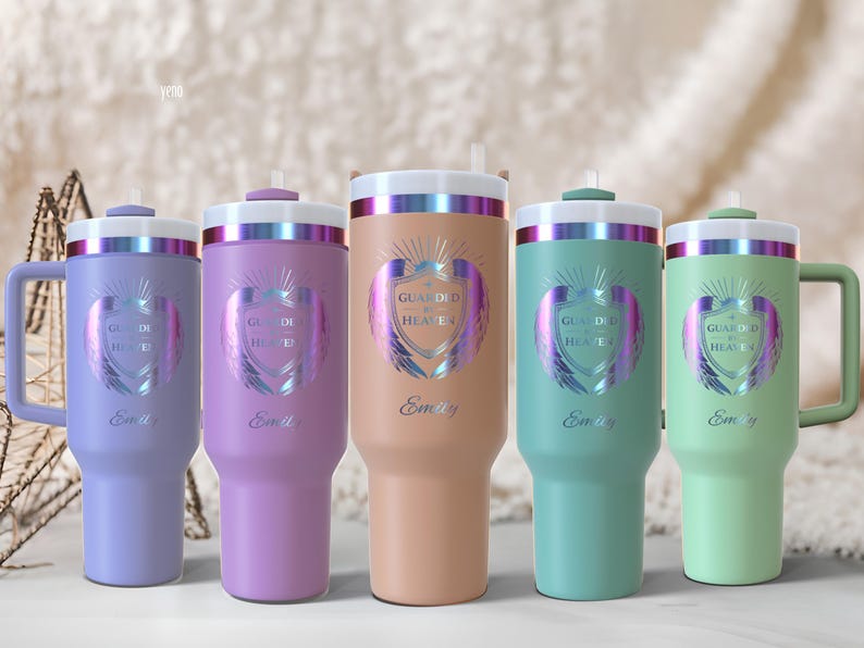 Personalized Guarded by Heaven 40oz Tumbler | Angel Wings Shield Custom Name | Faith Handle Gift image 3