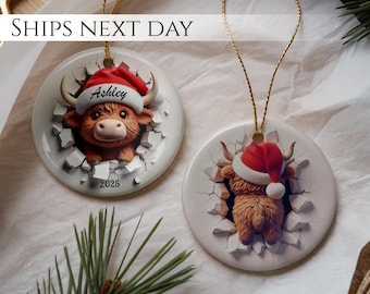 Adorno navideño de vaca personalizado: decoración navideña de cerámica de doble cara, regalo personalizado de animal de granja.