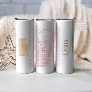 May include: White insulated tumbler with a black lid. One tumbler features a vintage Classics Book Club label. Another has a portrait made of text. The third tumbler is personalized with the name "EMILY" in gold lettering. A great gift for book lovers.