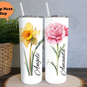 Personalized  Birth Flower Tumbler With Name, Birth Flower Skinny Cup ,Birthday Gift ,Birth Flower Coffee Cup With Lid Straw, Flower Tumbler
