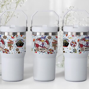May include: Three white insulated tumblers with a nautical-themed design featuring cartoon characters, ships, and nautical elements. The design includes the name "Olivia" on one of the tumblers. Each tumbler has a white handle.