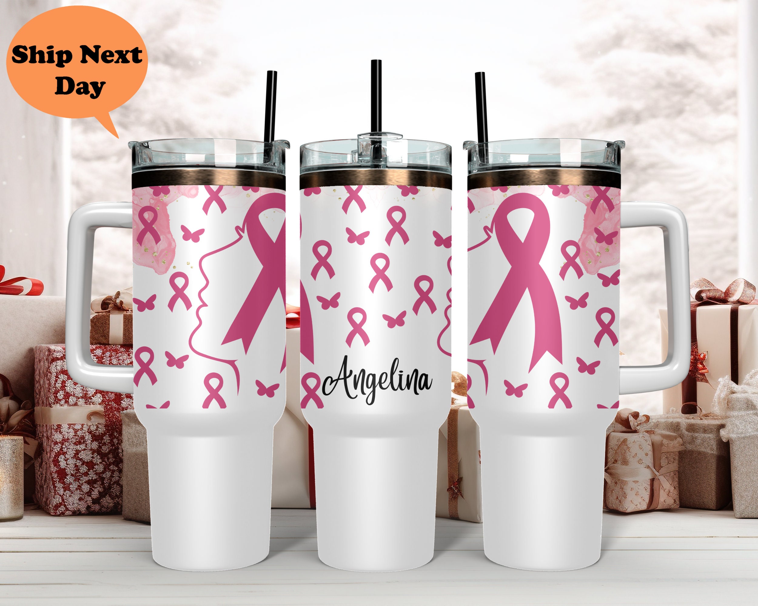 Boccsty Tazza Termica In Acciaio Inox 880ml Con Manico E Cannuccia - Nastro Rosa, Sensibilizzazione Tumore Al Seno - Isolata, Adatta A Portabicchieri Auto - 3