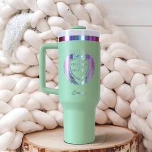 Personalized Guarded by Heaven 40oz Tumbler | Angel Wings Shield Custom Name | Faith Handle Gift Green
