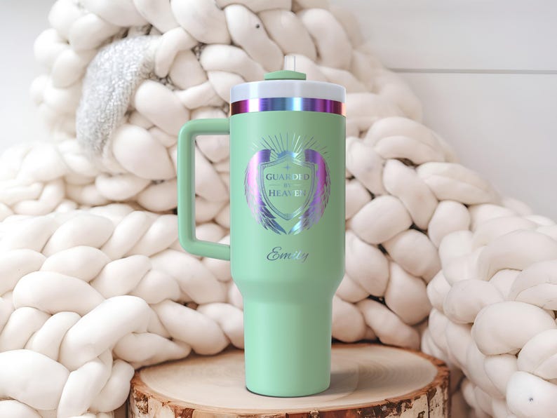 Personalized Guarded by Heaven 40oz Tumbler | Angel Wings Shield Custom Name | Faith Handle Gift Green