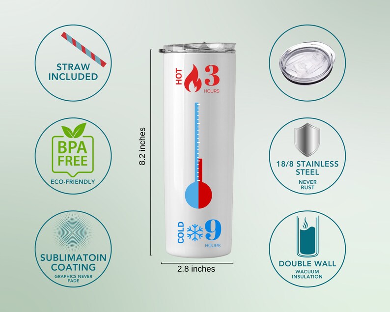 Puede incluir: Un vaso t&eacute;rmico de acero inoxidable blanco con un indicador de temperatura que muestra que puede mantener las bebidas calientes durante 3 horas y fr&iacute;as durante 9 horas. El vaso mide 8,2 pulgadas de alto y 2,8 pulgadas de ancho. Incluye una pajita y tiene aislamiento al vac&iacute;o de doble pared.